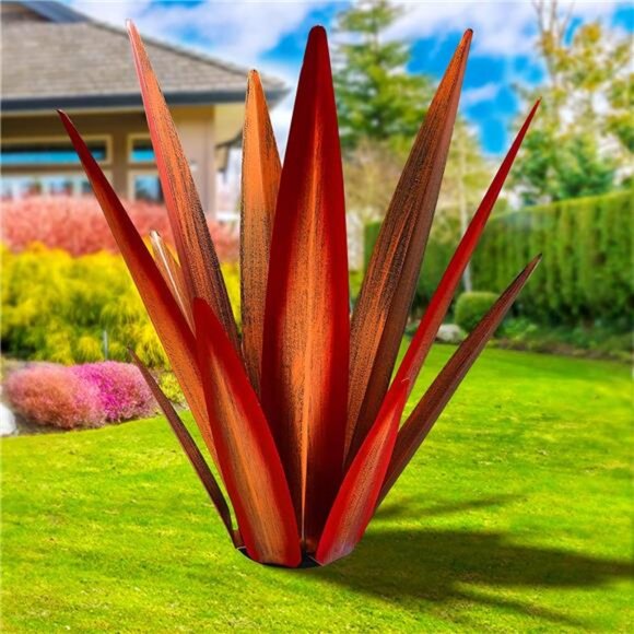 Large Tequila Rustic Sculpture Rustic Metal Agave Plants Hand Painted (Red - L)